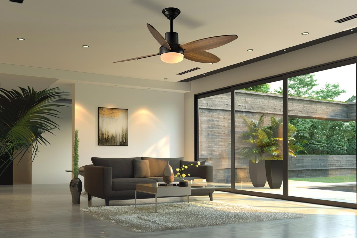 Contemporary ceiling fan above a modern living room in Malaysia