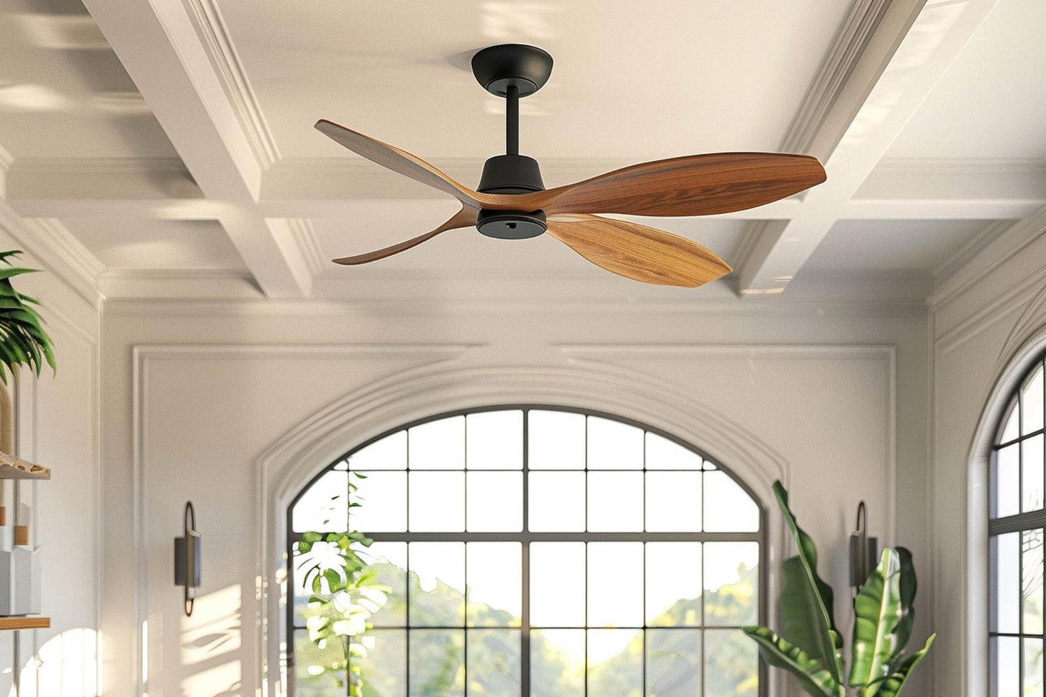 Wood-finish designer ceiling fan in an elegant modern interior