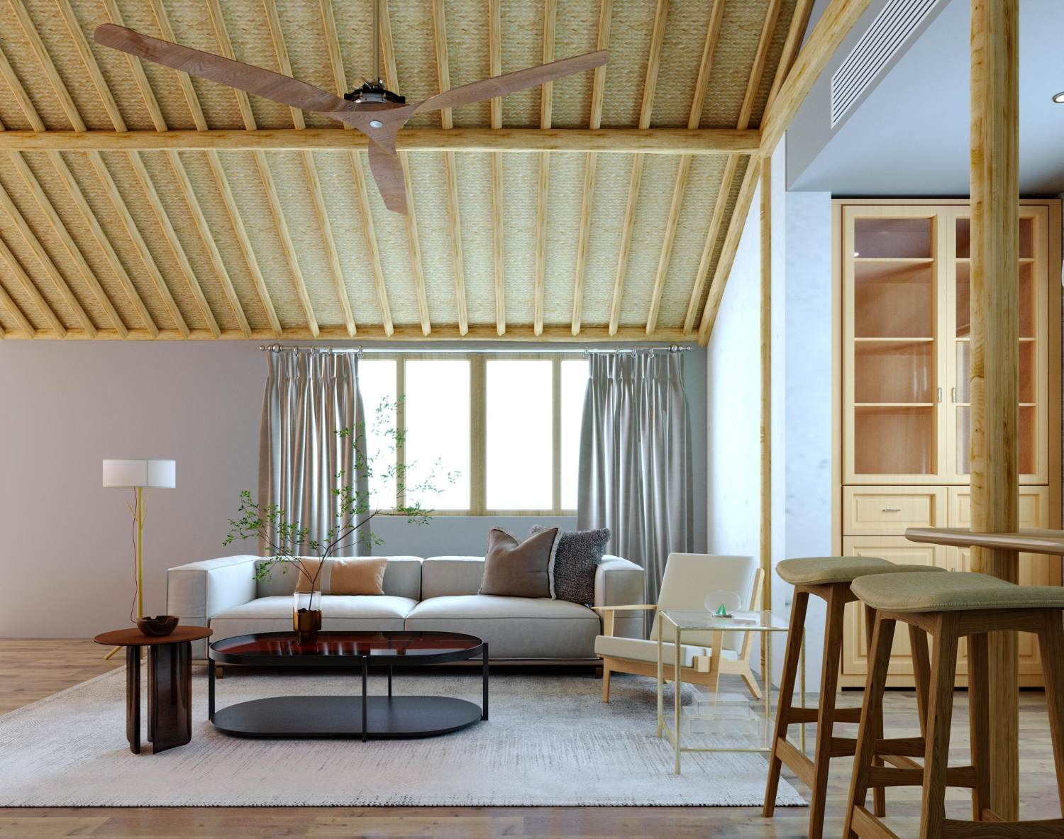 Contemporary tropical living room with a ceiling fan