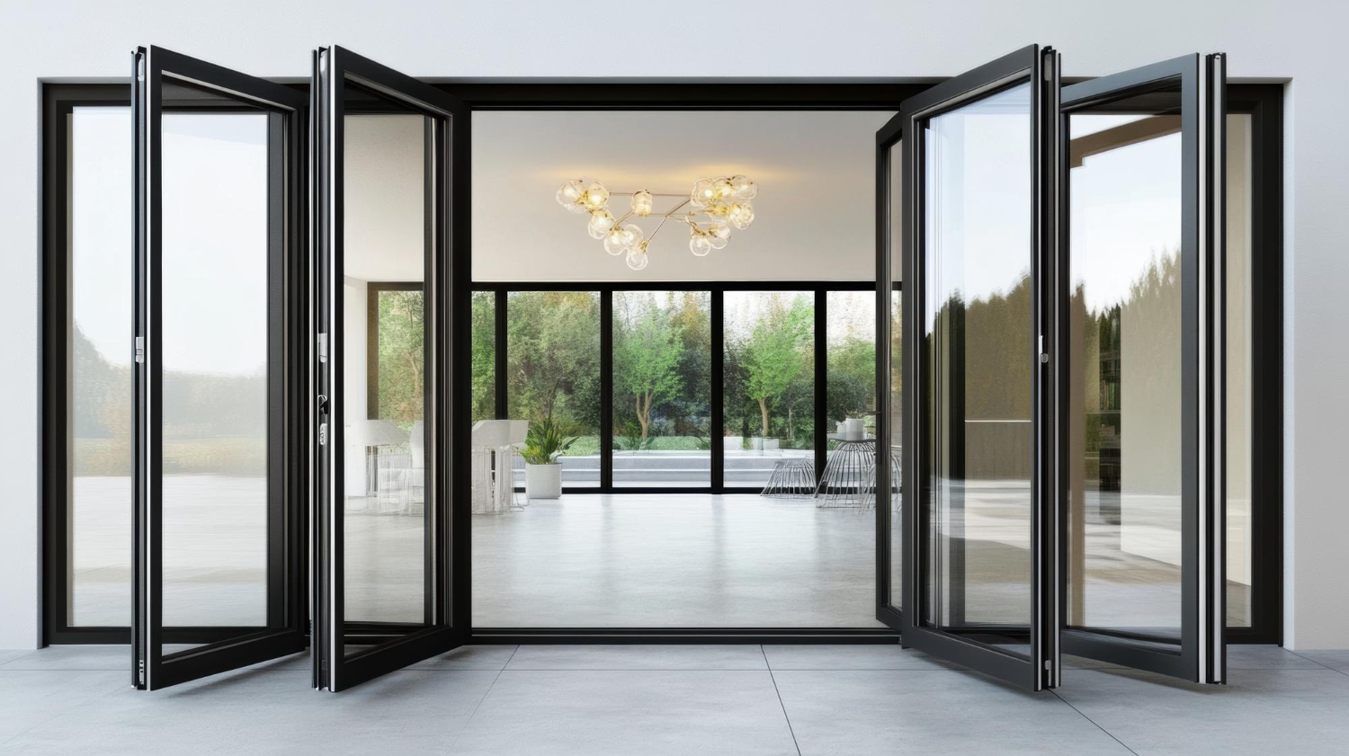 Black-framed folding glass doors opened to both sides of a wide doorway