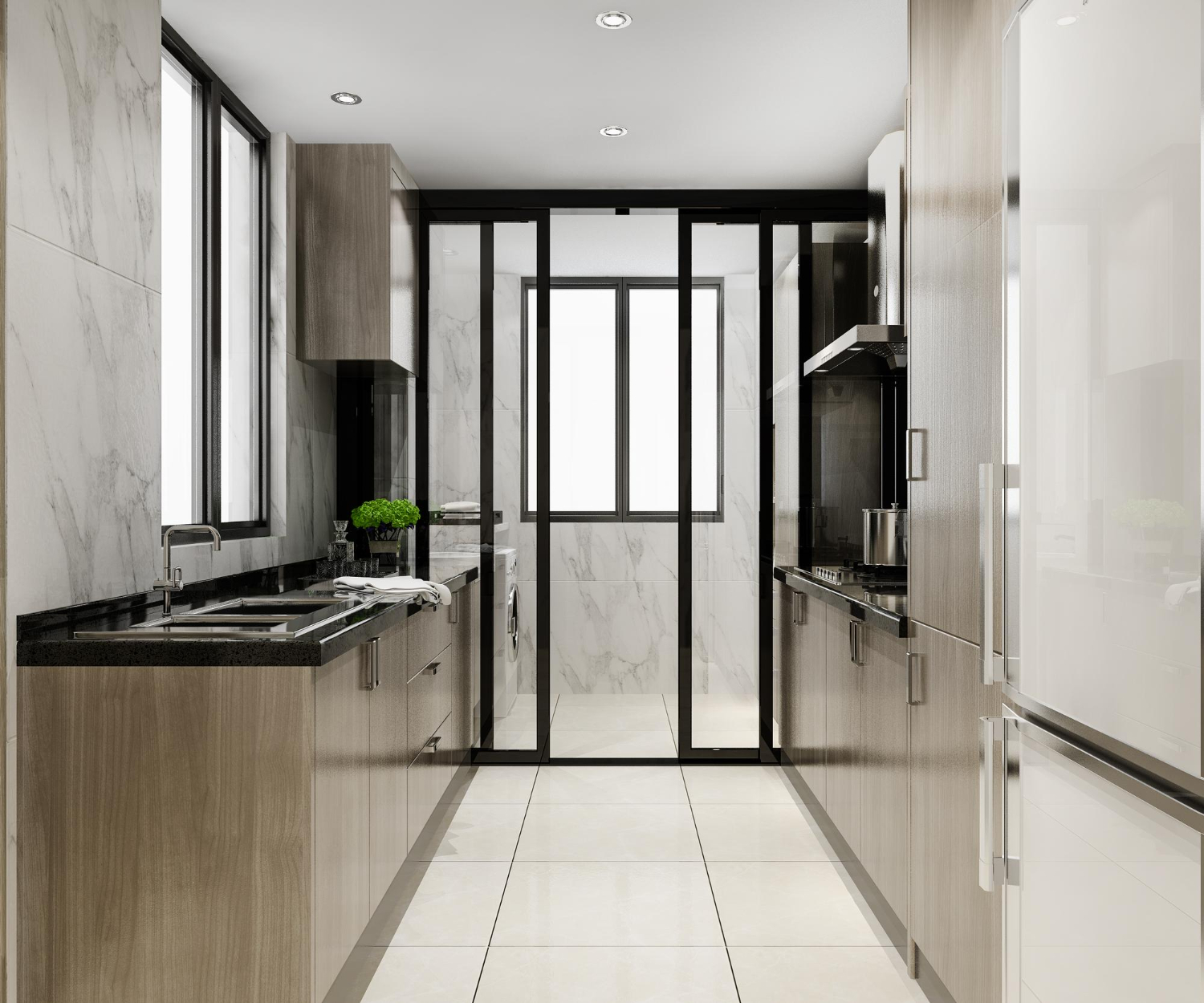 Glass partition within a narrow kitchen with cabinets on both sides