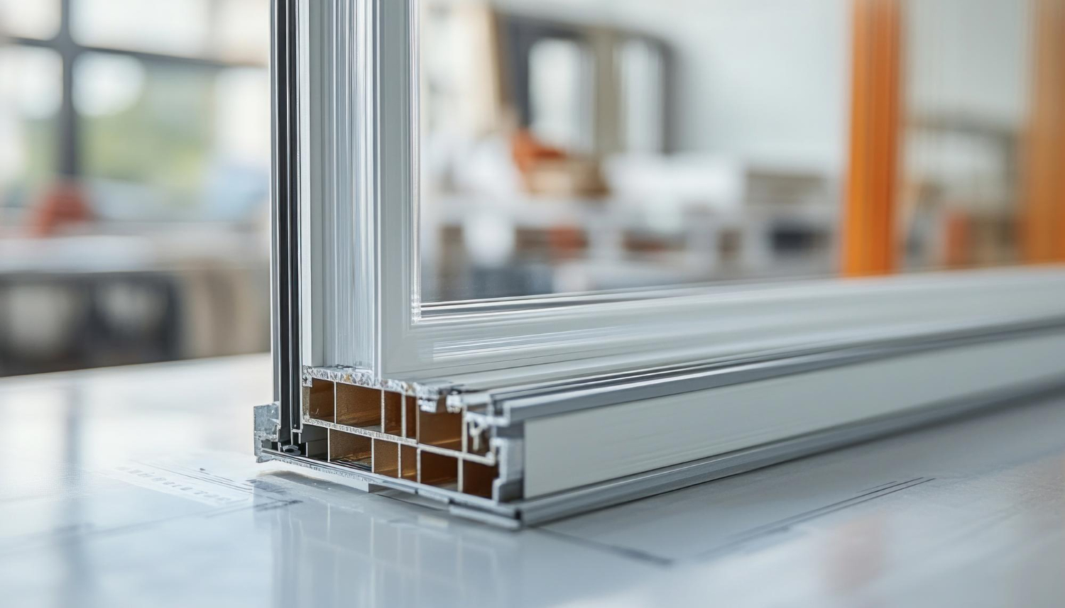 Cross-section sample showing a glazed frame profile and its internal chambers